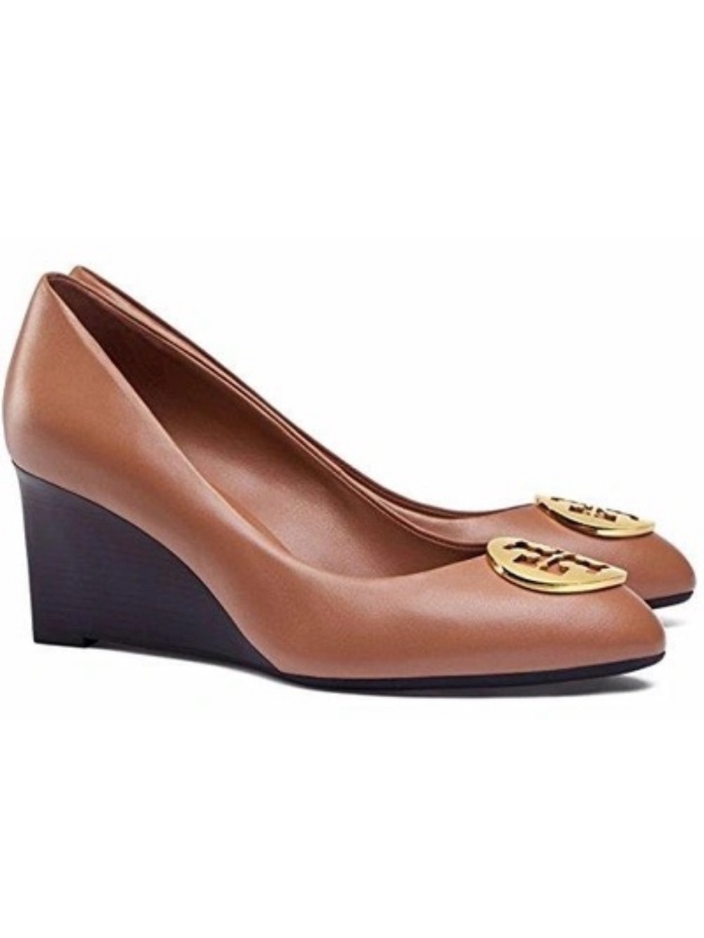 Tory Burch Royal Tan Gold Alice Wedge Pumps